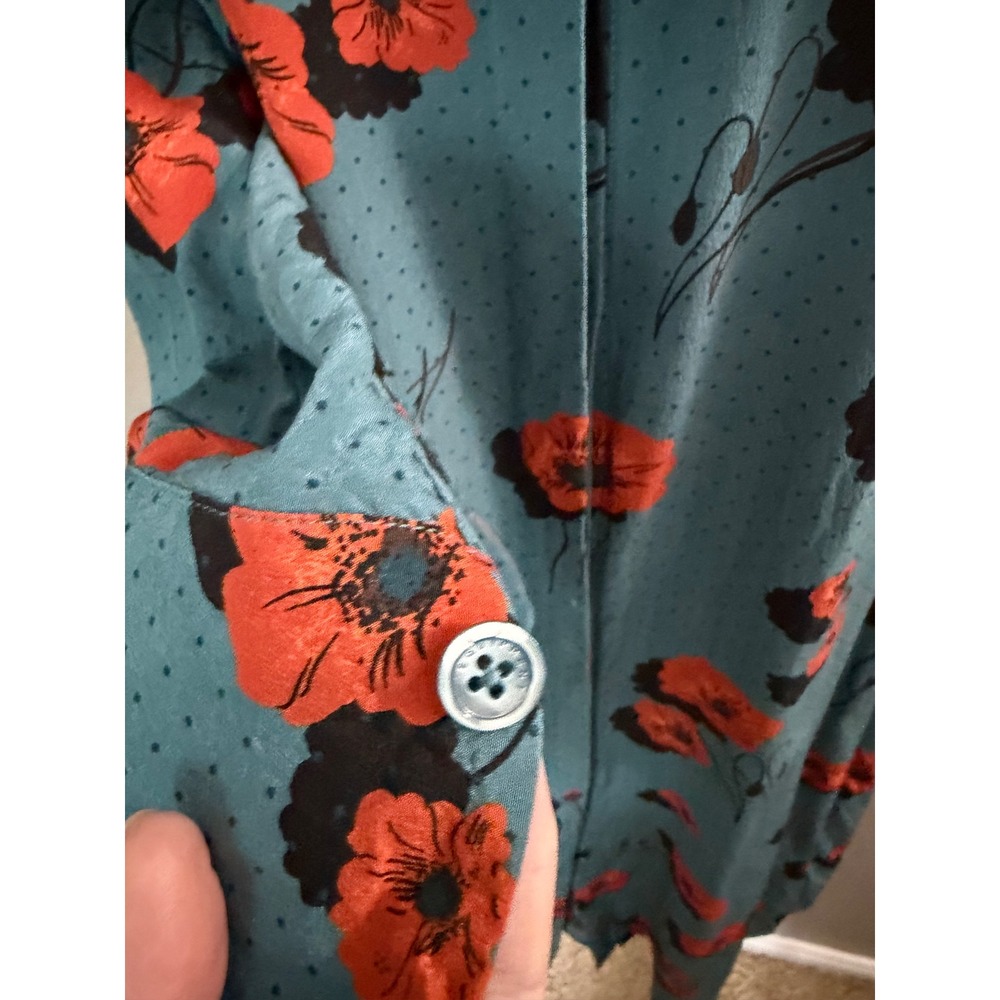 Equipment Femme Teal Blue Silk Dress Poppy Floral Shirt SZ M Midi Modest - Picture 4 of 10